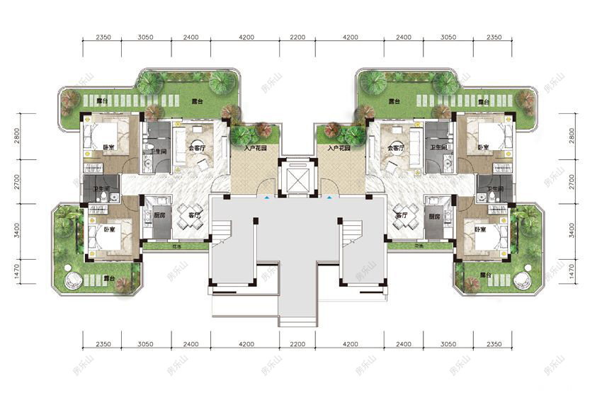 2室2厅1厨2卫云心台组团望山阁B一层户型