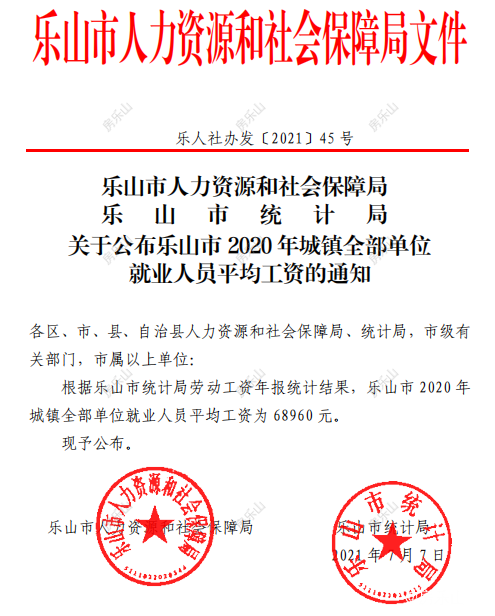 2020年乐山城镇年平均工资为68960
